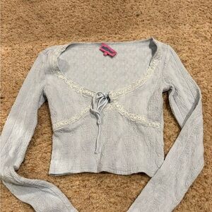 Edikted Light Blue Lace-Trim Tie-Front Long Sleeve Top